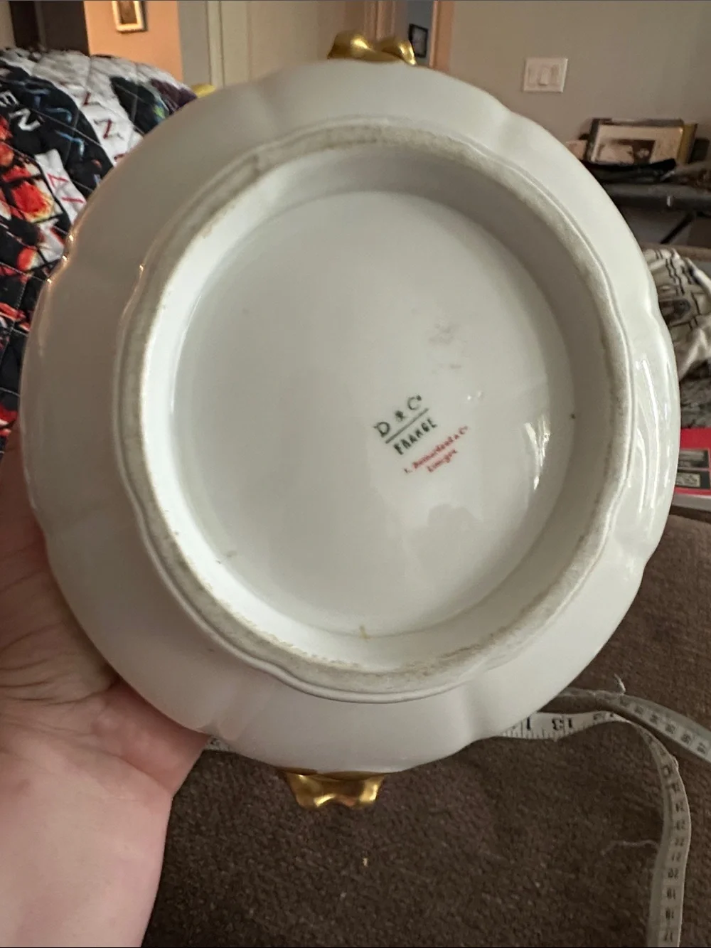 Antique Limoges Porcelain Serving Bowl with Gold Handles and Green Vine Detail